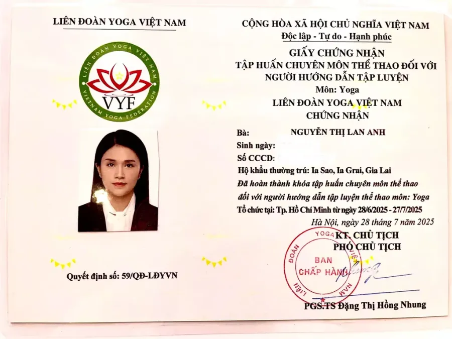 Giấy chứng nhận của Liên đoàn Yoga Việt Nam